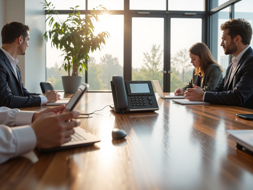Modern office environment with diverse team members collaborating at conference table, natural lighting from large windows, professional atmosphere