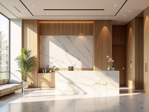 Modern corporate reception area with contemporary furniture, clean lines, professional atmosphere, welcoming environment